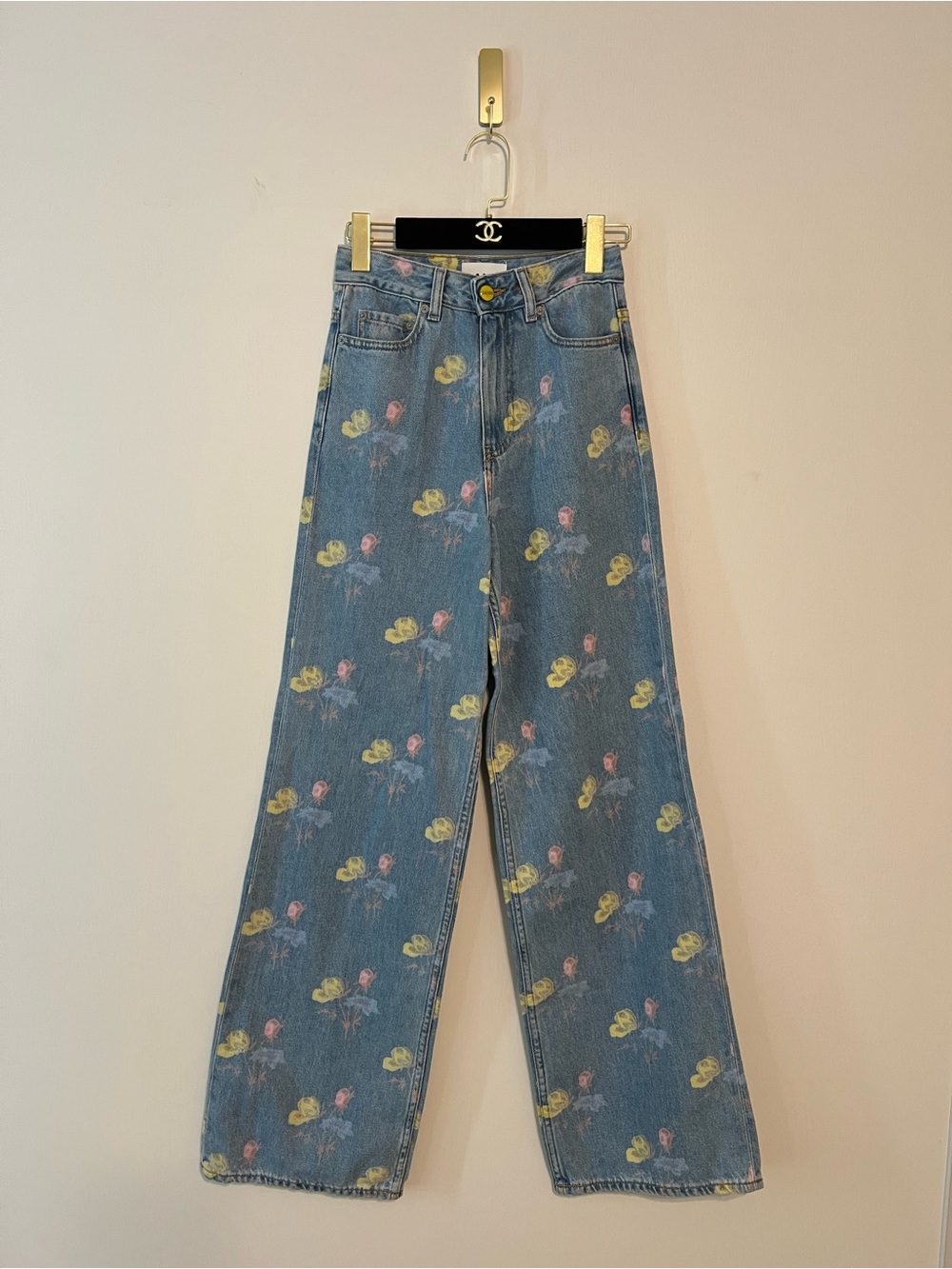 Ganni Blue Denim Wide-Leg Jeans with Yellow & Pink Floral Print